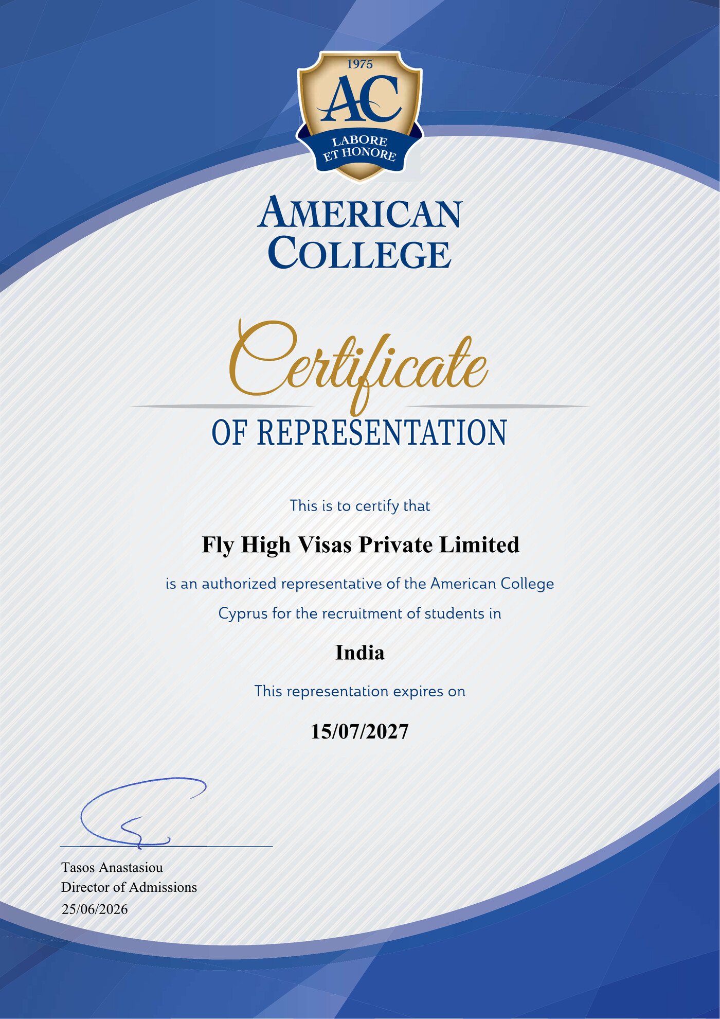 Certificate of Representation issued to Fly High Visas Private Limited by American College Cyprus